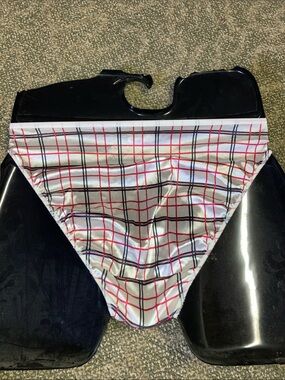 Second Skin Hanes liquid satin mirror finish Burberry plaid panties  sissy sz 6